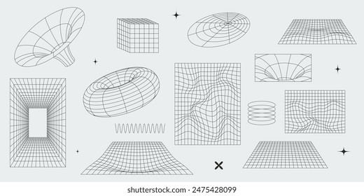 Abstract geometric wireframes and grids. Isolated editable stroke black 3D shapes. Y2k retro futuristic aesthetic vector elements