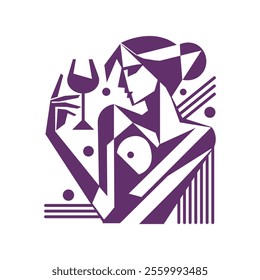 Abstract geometric woman holding a wine glass, monochrome cubism style