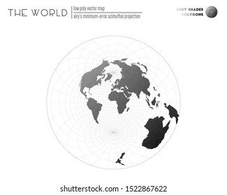 Abstract geometric world map. Airy's minimum-error azimuthal projection of the world. Grey shades colored polygons. Beautiful vector illustration.