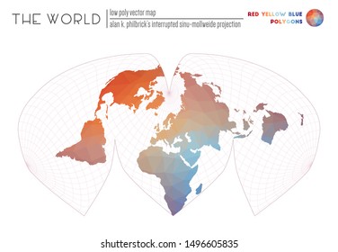 Abstract geometric world map. Alan K. Philbrick's interrupted sinu-Mollweide projection of the world. Red Yellow Blue colored polygons. Energetic vector illustration.