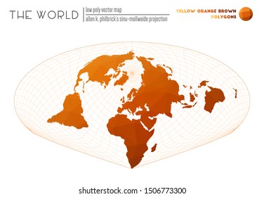 Abstract geometric world map. Allen K. Philbrick's Sinu-Mollweide projection of the world. Yellow, orange, and brown colored polygons. Energetic vector illustration.
