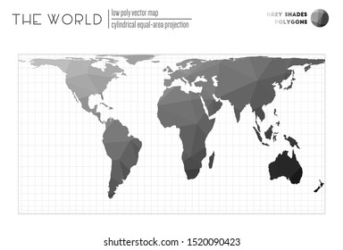 Abstract geometric world map. Cylindrical equal-area projection of the world. Grey shades colored polygons. Awesome vector illustration.