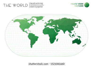 Abstract geometric world map. Eckert III projection of the world. Yellow-green colored polygons. Elegant vector illustration.