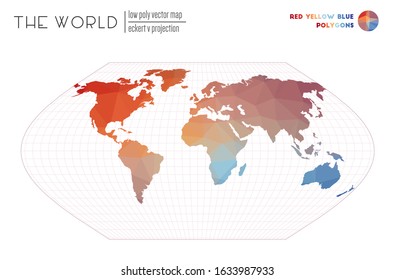 Abstract geometric world map. Eckert V projection of the world. Red, yellow, and blue colored polygons. Awesome vector illustration.