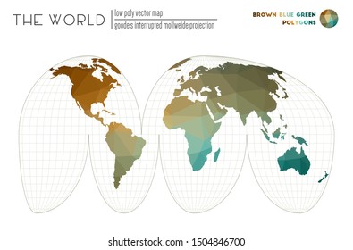 Abstract geometric world map. Goode's interrupted Mollweide projection of the world. Brown, Blue, Green colored polygons. Amazing vector illustration.