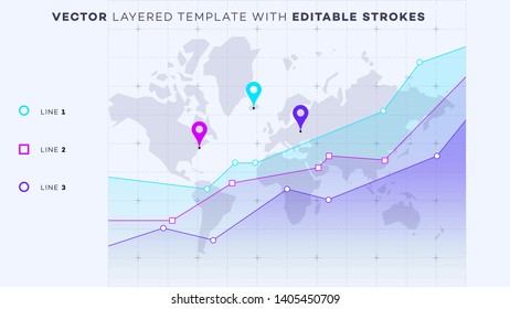 Abstract Geometric World Map With Infographic Chart. Modern Inforgaphic Elements With Editable Outline Strokes. 3 Points Presentation Vector Brochure Template.