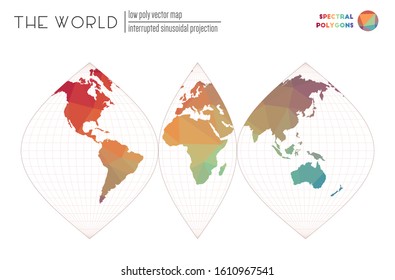 Abstract geometric world map. Interrupted sinusoidal projection of the world. Spectral colored polygons. Creative vector illustration.