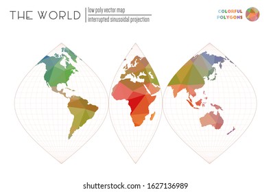 Abstract geometric world map. Interrupted sinusoidal projection of the world. Colorful colored polygons. Elegant vector illustration.