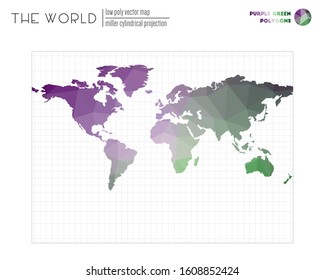 Abstract geometric world map. Miller cylindrical projection of the world. Purple and Green colored polygons. Creative vector illustration.