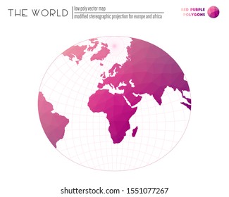 Abstract geometric world map. Modified stereographic projection for Europe and Africa. Red-purple colored polygons. Energetic vector illustration.