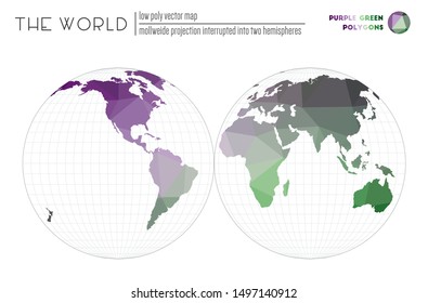 Abstract geometric world map. Mollweide projection interrupted into two hemispheres of the world. Purple and green colored polygons. Contemporary vector illustration.