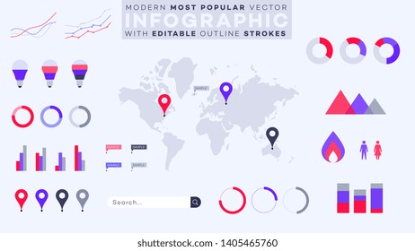 Abstract Geometric World Map. Most Popular Infographic Elements. Vector Collection. All Charts With Editable Strokes.