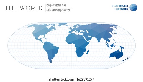 Abstract geometric world map. Nell-Hammer projection of the world. Blue shades colored polygons. Energetic vector illustration.