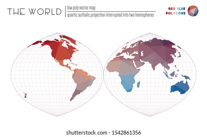 Abstract geometric world map. Quartic authalic projection interrupted into two hemispheres of the world. Red Blue colored polygons. Neat vector illustration.