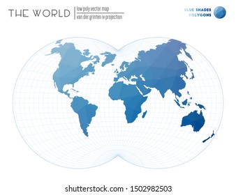 Abstract geometric world map. Van der Grinten IV projection of the world. Blue Shades colored polygons. Elegant vector illustration.