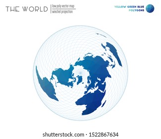 Abstract geometric world map. Wiechel projection of the world. Yellow, green and blue colored polygons. Energetic vector illustration.
