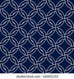 Abstract geometric woven circles seamless pattern in navy blue and white, vector