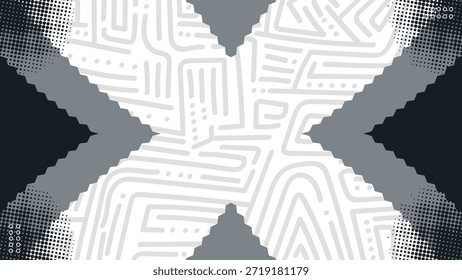 Abstrakte geometrische X Memphis Linien Punkte Formen Kreise Labyrinth Muster Hintergrund. Vektorgrafik