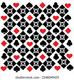 Abstract geometric Y letter design seamless pattern with black and red poker card symbols. Used for design surfaces, fabrics, textiles.