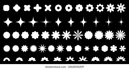 Abstract geometric y2k shapes and icons. Brutalist retro figure, flower and other primitive elements. Swiss design aesthetic. Vector art