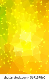 Abstract geometric yellow background consisting of colored triangles with lights in corners. Vertical format.