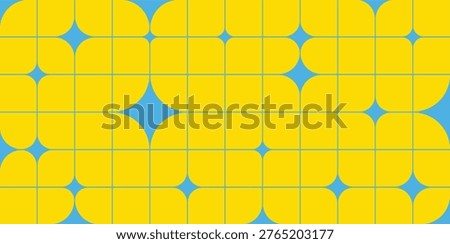 Abstract Geometric Yellow and Blue Tile Pattern Background With Rounded Star Motifs.
