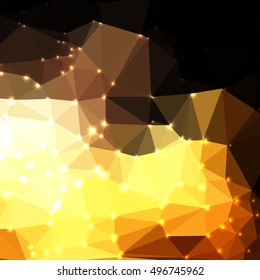 Abstract geometric yellow and brown background consisting of colored triangles with lights in corners. Low poly square format pattern.
