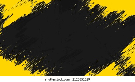 Abstract Geometric Yellow Frame Grunge Texture With Halftone Pattern Design In Black Background