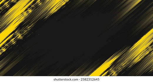 Abstract Geometric Yellow Frame Grunge Texture With Halftone Pattern Design In Black Background