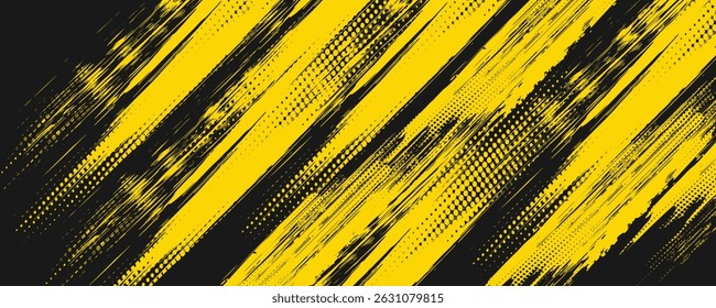 Abstract Geometric Yellow Frame Grunge Texture With Halftone Pattern Design In Black Background