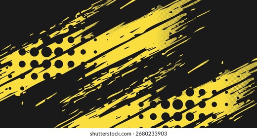 Textura Grunge Quadro Amarelo Geométrico Abstrato Com Design De Padrão De Meio-Tom Em Fundo Preto. Eps 10