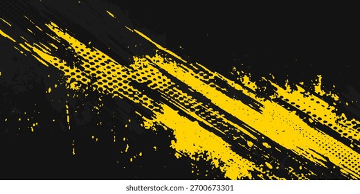 Abstract Geometric Yellow Frame Grunge Texture With Halftone Pattern Design In Black Background