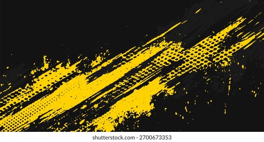Abstract Geometric Yellow Frame Grunge Texture With Halftone Pattern Design In Black Background
