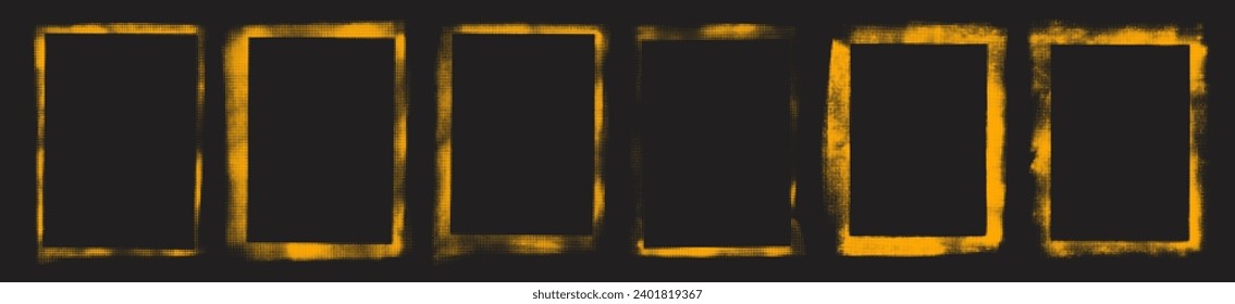 Abstract geometric yellow grunge frames with halftones. Vector texture of grid polka dots. Posters frames drawn with a dry brush. Bright dirty overlay design, ink paint rectangles.