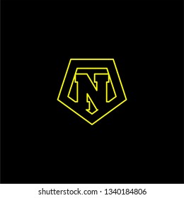 abstract geometric yellow shield lines N logo letter design concept