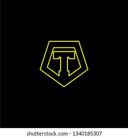 abstract geometric yellow shield lines T logo letter design concept