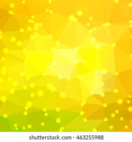 Abstract geometric yellow-green background consisting of colored triangles with lights in corners. Low poly square format pattern.