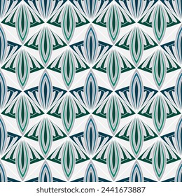 Abstract geometric zigzag seamless pattern. Blue green triangles and square on grey background. Mosaic tile. Fantasy geometric shapes for decor clothes, home, etc.