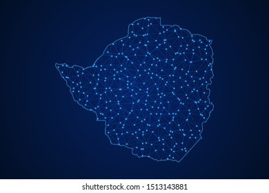 Abstract geometric of Zimbabwe map polygonal line, structure and point scales on blue dark background with lights and dots. Vector illustration eps 10.
