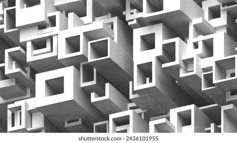 Estructura arquitectónica geométrica abstracta de la construcción en el diseño del estilo de punteado para la bandera, el póster, la cubierta, el volante. Puntillismo. Punto. Sombreado granulado ruidoso con puntos. Ilustración de vector