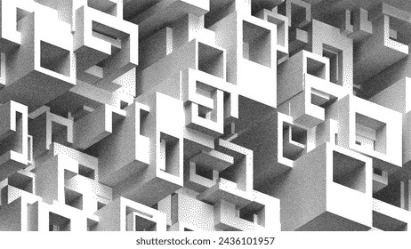 Estructura arquitectónica geométrica abstracta de la construcción en el diseño del estilo de punteado para la bandera, el póster, la cubierta, el volante. Puntillismo. Punto. Sombreado granulado ruidoso con puntos. Ilustración de vector