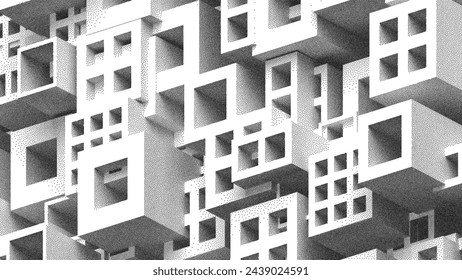 Abstract geometrical architectural construction structure in stippling style design for banner, poster, cover, flyer. Pointillism. Dotwork. Noisy grainy shading using dots. Vector illustration