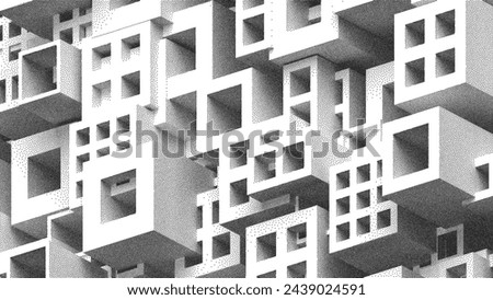 Abstract geometrical architectural construction structure in stippling style design for banner, poster, cover, flyer. Pointillism. Dotwork. Noisy grainy shading using dots. Vector illustration