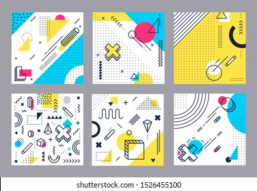 Abstract geometrical background. Modern geometric shapes, funky minimal and memphis style square cards design. 80s retro pop backdrop wallpaper isolated vector illustration set