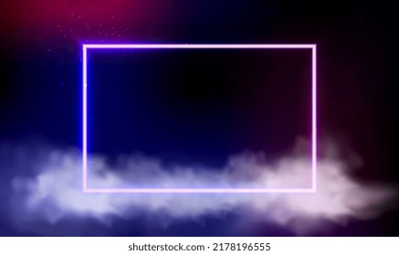 Abstract Geometrical Background With Square Neon Frame And Stormy Cloud Glowing With Pink Blue Light. Pink Blue Neon Light Square Frame With Copy Space, Illuminated Stormy Clouds. Vector Illustration