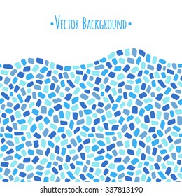 Abstract geometrical background with wavy edge. Mosaic or inlay border seamless in horizontal direction. Frame made of tiny polygonal pieces. Ceramic tile. Shades of blue.