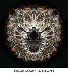 An abstract geometrical biomorphic design composed of minty greens, vibrant oranges, & soft white streaks of light, resembling a face, mushroom, or winged bee creature on a tileable square background.