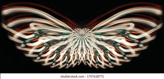 An abstract geometrical biomorphic design composed of rich greens, vibrant oranges, & soft off-white streaks of light resembling a winged-being, such as a butterfly