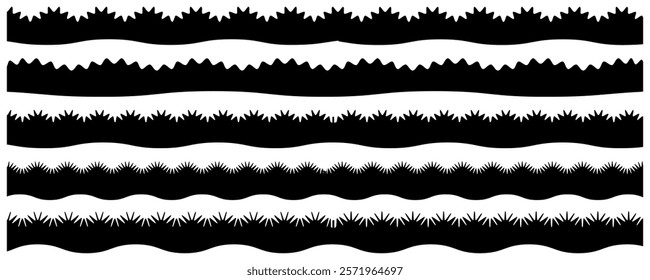 Abstract geometrical black scalloped frame set. Hand drawn scalloped border. scalloped edge seamless brush stroke. Repeat cute vintage frill ornament. Texture ribbon. Vector illustration isolated on w