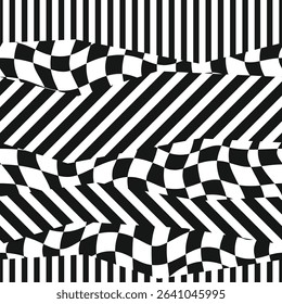 Abstract geometrical black and white seamless pattern, with diagonal lines and checker texture	
